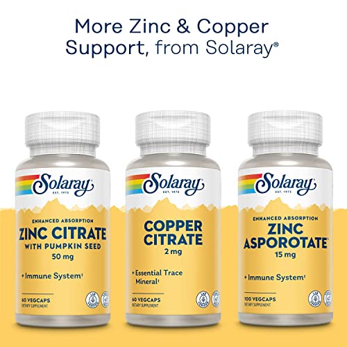 Solaray Zinc Copper Amino Acid Chelates, Healthy Cellular, Heart & Thyroid Function Support, Vegan, 100ct, 100 serv.