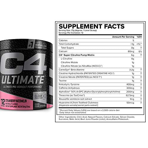 C4 Ultimate Pre Workout Powder Strawberry Watermelon | Sugar Free Preworkout Energy Supplement for Men & Women | 300mg Caffeine + 3.2g Beta Alanine + 2 Patented Creatines | 12 Servings