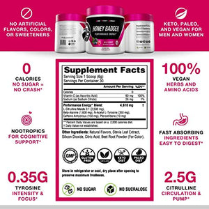 Honey Badger Pre Workout Powder | Vegan Keto Wild Berry Preworkout | Natural Energy for Men & Women | Beta Alanine, Caffeine & Vitamin C for Immune Support | Sugar Free & Paleo | 30 Servings