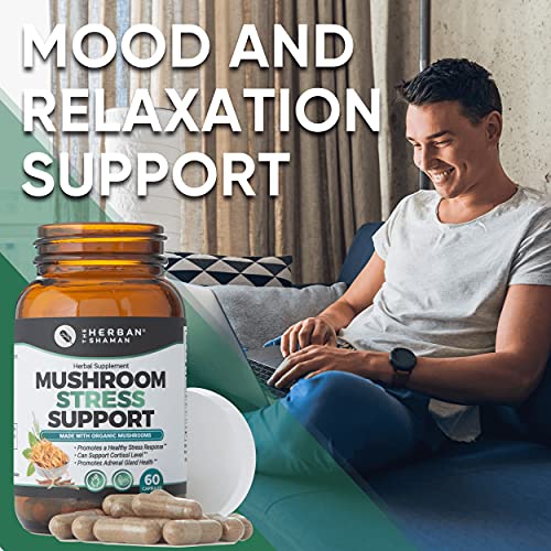 The Herban Shaman’s Mushroom Stress Support Capsules | Organic Mushroom Herbal Capsules with Reishi, Lions Mane, Turkey Tail, Lemon Balm, Bacopa (60 Capsules)