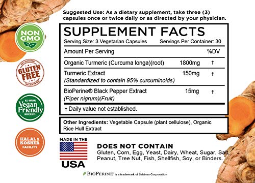 Turmeric Curcumin with BioPerine Black Pepper & 95% Curcuminoids, 1965mg, Maximum Absorption for Joint Support & Healthy Inflammatory Response, Non-GMO Turmeric Capsules, Made in USA - 90 Veg Caps