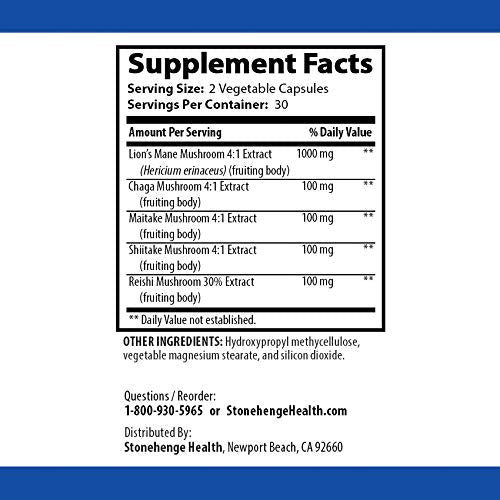 Stonehenge Health Dynamic Mushrooms - 100% Fruiting Bodies & Extracts - Lion’s Mane, Chaga, Maitake, Shiitake, Reishi - Nootropic Brain & Focus, Immune System Booster - No Mycelium -60 Veggie Capsules