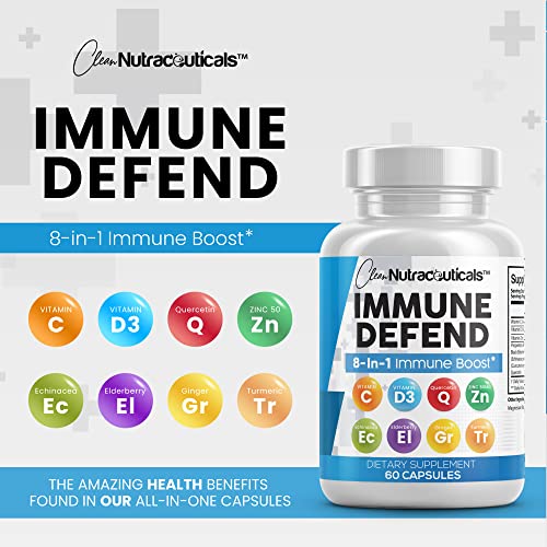Immune Defense Support Supplement 8 in 1 w/ Zinc 50mg Quercetin, VIT C 1000mg, Vitamin D3 5000 IU, Elderberry, Turmeric Curcumin, Ginger, Echinacea - Immunity System Booster Adults Vegan - 60Ct (USA)