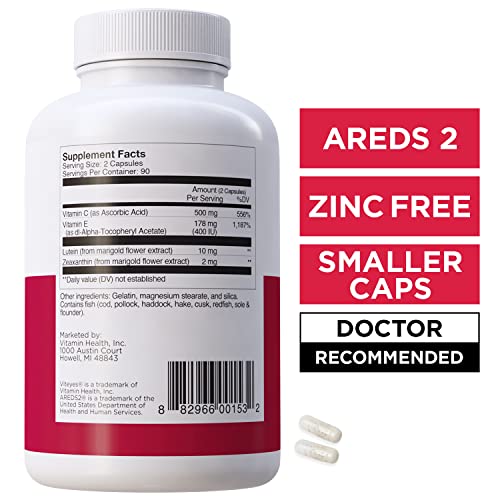 Viteyes AREDS 2 Zinc Free Macular Health Formula Capsules, Natural Vitamin E, No Zinc, No Copper, Eye Vitamin, Smaller Capsules, Vision Protection, 180 Capsules