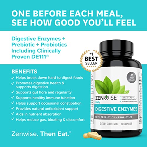 Zenwise Digestive Enzymes Probiotics and Prebiotics - Digestion and Bloating Relief for Women and Men, Lactose Absorption with Amylase & Bromelain (60 Count (Pack of 1))