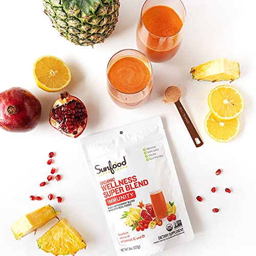 Sunfood Wellness Super Blend- Immunity Drink Powder. Immune System Booster. Organic, Plant-Based Blend of Superfoods & Mushrooms. Mix with Water. 8 oz