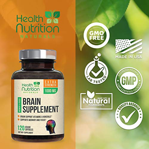 Brain Support Supplement Extra Strength Nootropics 1000mg - Made in USA - Natural Support for Memory, Focus, Concentration, and Clarity with Bacopa Monnieri for Men and Women - 120 Capsules