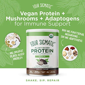 Four Sigmatic Creamy Cacao Superfood Protein, Organic Plant-Based Protein with Chaga Mushroom & Ashwagandha, Supports Immune Function & Muscle Repair, Blends Smoothly, 21.16 oz