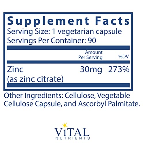 Vital Nutrients - Zinc (Citrate) - Highly Absorbable Immune Support - 90 Vegetarian Capsules per Bottle - 30 mg