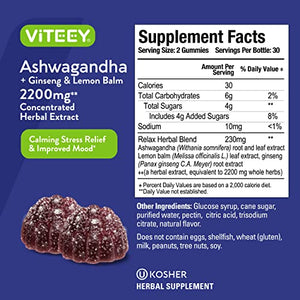 Ashwagandha Gummies Extra Strength 2200mg Plus Ginseng & Lemon Balm | Helps with Sleep Aid, Stress Relief, Relaxed Mood, Anti Anxiety, Restore, Unwind, Chewable Ashwa Gummy Chews [60 Count 1 Pack]