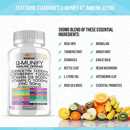 Quercetin Zinc Vitamin C Bromelain Supplement Immune Support Defense w Vit D3 5000IU Elderberry 1000mg Artemisinin Sea Moss Turmeric Ginger Probiotics Echinacea Garlic Nettle Reishi L Lysine -USA 60ct