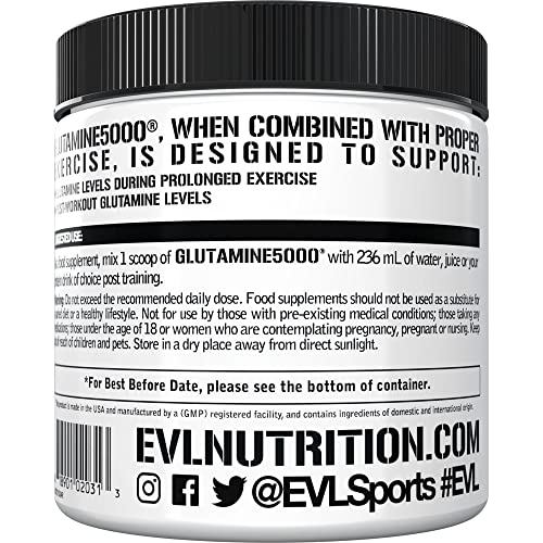 Evlution Nutrition L-Glutamine 5000, 5g Pure L Glutamine Per Serving, Post Workout, Nitrogen Transporter, Immune Support, Vegan, Gluten-Free, Unflavored Powder (60 Servings)