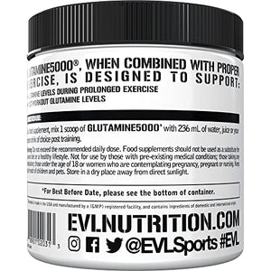 Evlution Nutrition L-Glutamine 5000, 5g Pure L Glutamine Per Serving, Post Workout, Nitrogen Transporter, Immune Support, Vegan, Gluten-Free, Unflavored Powder (60 Servings)