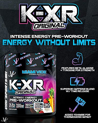 VMI Sports | K-XR Pre-Workout Energy Powder | Intense Energy Pre-Workout Drink for Men and Women| Creatine-Free | Enhanced Focus and Increased Endurance | Pre-Workout Powder (Miami Vice, 30 Servings)