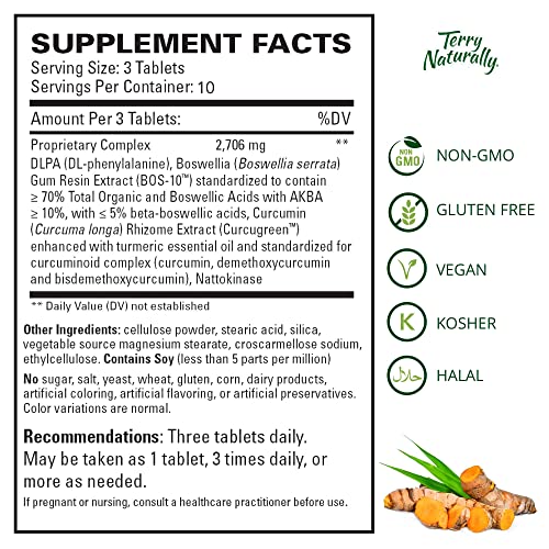 Terry Naturally Curamin Extra Strength - 30 Vegan Tablets - Non-Addictive Pain Relief Supplement with Curcumin from Turmeric, Boswellia & DLPA - Non-GMO, Gluten-Free - 10 Servings