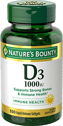 Vitamin D3 by Nature’s Bounty for immune support. Vitamin D3 provides immune support and promotes healthy bones. 1000IU, 350 Softgels