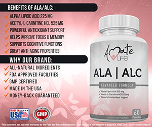 ALA / ALC High Potency Formula- Best Alpha Lipoic Acid and Acetyl-L-Carnitine HCl Dietary Supplement- Antioxidant Support- Energy Boost- for Men and Women by Amate Life 60 Capsules