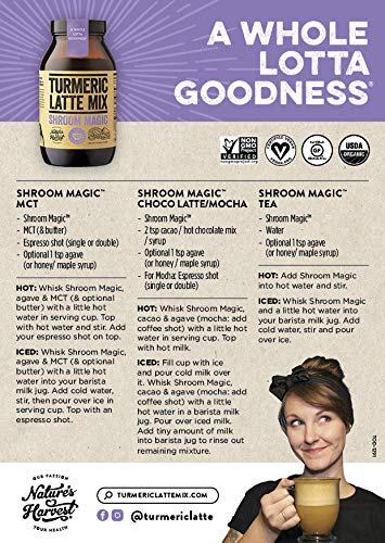 Nature's Harvest Mushroom Powder Turmeric Latte Mix - (35 servings) - Shroom Magic 5 Mushroom Blends with Reishi, Chaga, Cordyceps, Lion's Mane and Turkey Tail - For Hot and Cold Drinks