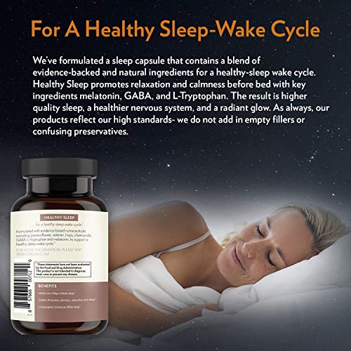 Terra Origin Healthy Sleep Capsules, 60 Servings, with Melatonin, GABA, L-tryptophan, Valerian, Passionflower, Chamomile and Hops for a Healthy Sleep-wake Cycle