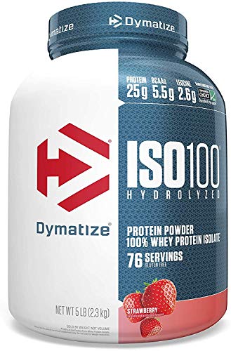 Dymatize ISO100 Hydrolyzed Protein Powder, 100% Whey Isolate Protein, 25g of Protein, 5.5g BCAAs, Gluten Free, Fast Absorbing, Easy Digesting, Strawberry, 5 Pound