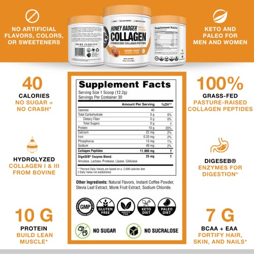 Honey Badger Collagen Peptides Powder | Keto Caramel Mocha Grass Fed Hydrolyzed Collagen Protein Coffee Creamer | Gluten Free, Natural, Non-GMO, Paleo | Skin, Hair, Nail, and Joint Health, 30 Servings