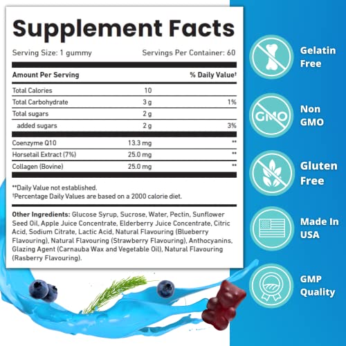 JELLY JIM NUTRITION Anti Aging 3-in-1 Gummy Supplements with Collagen, CoQ10, and Horsetail Extract, for Skin Rejuvenation and Increased Hair and Nail Growth, for Men and Women, 2 Month Supply