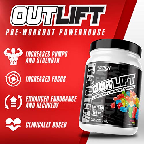 Nutrex Research Outlift Value Size | Clinically Dosed Pre-Workout Powerhouse, Citrulline, BCAA, Creatine, Beta-Alanine, Taurine, Banned Substance Free |30 Servings (Gummy Bear)