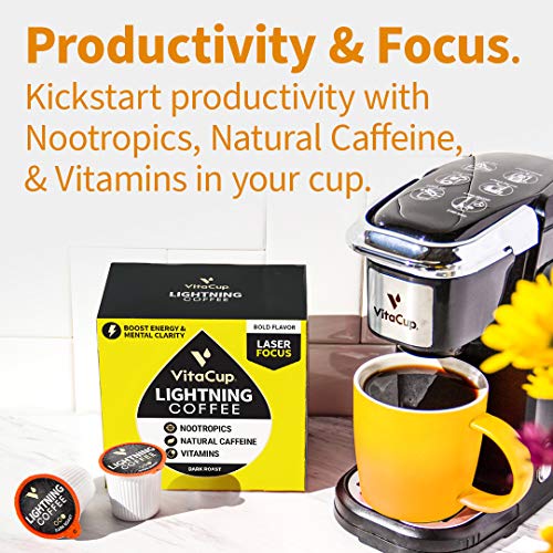 VitaCup Lightning Coffee Pods, Enhance Memory & Focus with 2X Caffeine, Nootropics, B Vitamins, D3, Extra Strong Dark Roast Coffee, Recyclable Single Serve Pod Compatible w/ Keurig K-Cup Brewers,16 Ct