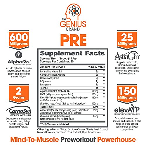 Genius Pre Workout Powder – All Natural Nootropic Preworkout & Caffeine Free Nitric Oxide Booster w/Beta Alanine & Alpha GPC | Boost Focus, Energy & NO | Muscle Builder Supplement – Essential Herbs