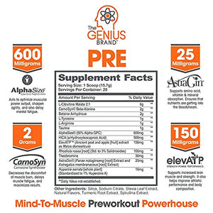 Genius Pre Workout Powder – All Natural Nootropic Preworkout & Caffeine Free Nitric Oxide Booster w/Beta Alanine & Alpha GPC | Boost Focus, Energy & NO | Muscle Builder Supplement – Essential Herbs