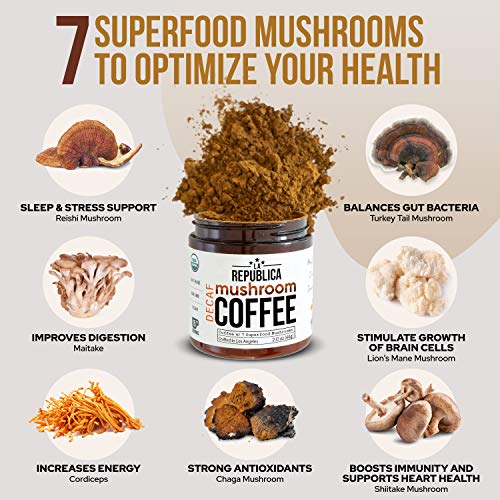 La Republica Organic Decaf Mushroom Coffee with 7 Superfood Mushrooms, Great Tasting Instant Coffee Mix Includes Lion's Mane, Reishi, Chaga, Cordyceps, Shiitake, Maitake, and Turkey Tail (Regular)