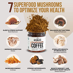 La Republica Organic Decaf Mushroom Coffee with 7 Superfood Mushrooms, Great Tasting Instant Coffee Mix Includes Lion's Mane, Reishi, Chaga, Cordyceps, Shiitake, Maitake, and Turkey Tail (Regular)