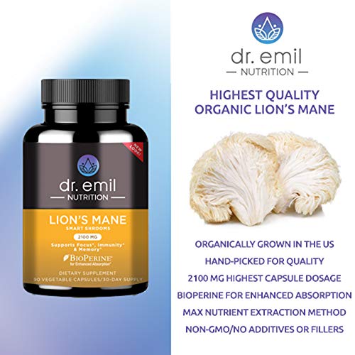 Dr. Emil Nutrition Organic Lions Mane Mushroom Capsule with Absorption Enhancers, Powerful Nootropic Brain Supplement and Immune Support with 100% Organic Lions Mane Extract, 30 Day Supply