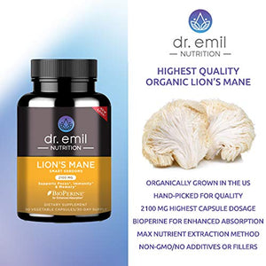 Dr. Emil Nutrition Organic Lions Mane Mushroom Capsule with Absorption Enhancers, Powerful Nootropic Brain Supplement and Immune Support with 100% Organic Lions Mane Extract, 30 Day Supply