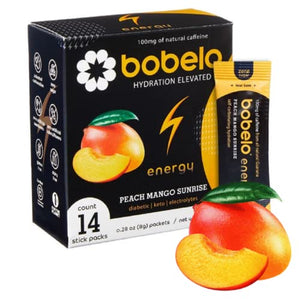 Bobelo Self Carbonating Natural Energy Drink Powder - Peach Mango Sunrise | Keto Energy Drink Mix with Natural Caffeine | Diabetic Friendly and Low Calorie | 14 count