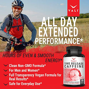 VALI Time Release Caffeine 100mg Pills - Smart Slow Release for Extended Energy & Focus. Advanced Nootropic Supplement. Brain Booster for Active Performance, Alertness & Clarity. 120 Veggie Capsules