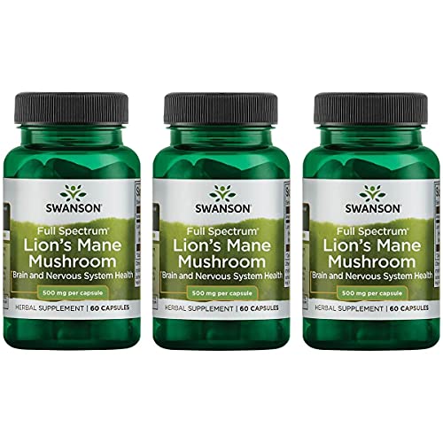 Swanson Lion's Mane Mushroom Memory Support Mental Focus Brain Booster Herbal Supplement Hericium Erinaceus (Mycelium Biomass) 500 mg 60 Capsules (3 Pack)