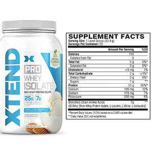 XTEND Pro Protein Powder Vanilla Ice Cream | 100% Whey Protein Isolate | Keto Friendly + 7g BCAAs with Natural Flavors | Gluten Free Low Fat Post Workout Drink | 1.8lbs