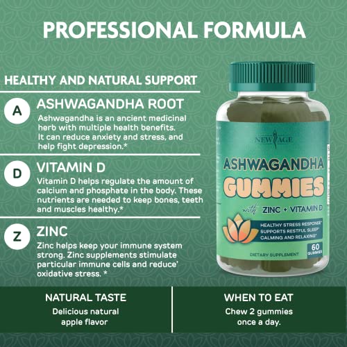 Ashwagandha Gummies by NEW AGE – with Vitamin D & Zinc - Supports Healthy Stress Response - Vegetarian – Vegan – Non-GMO – Gluten-Free – Dairy-Free – Gelatin-Free -120 Count - 2-Pack