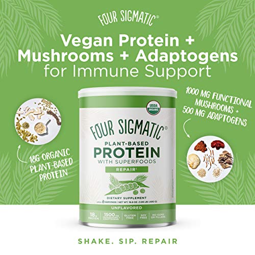 Four Sigmatic Superfood Protein, Organic Plant-Based Protein with Chaga Mushroom & Ashwagandha, Supports Immune Function & Muscle Repair, Blends Smoothly + Unflavored, 16.7 oz