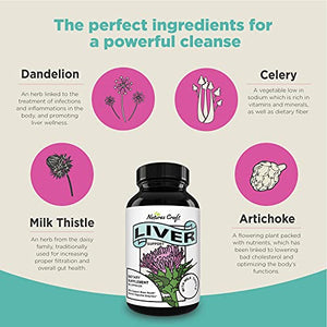 Liver Supplements with Milk Thistle - Artichoke - Dandelion Root Support Healthy Liver Function for Men and Women Natural Detox Cleanse Capsules Boost Immune System Relief - Natures Craft