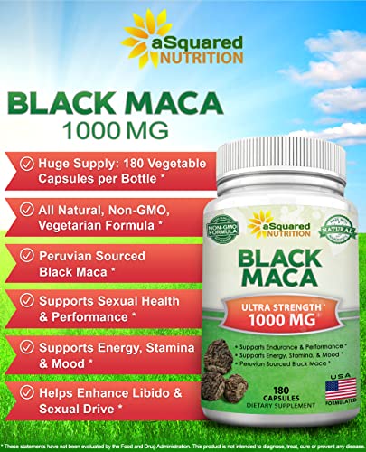 Black Maca Root - 180 Capsules - Max Strength 1000mg Per Serving - Gelatinized Maca Root Extract Supplement from Peru - Natural Pills to Support Health & Pure Energy - Non-GMO