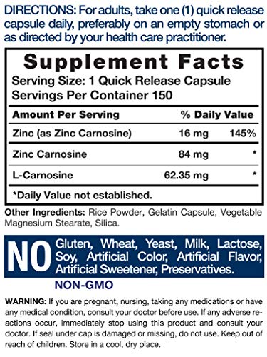 Zinc Carnosine Supplement | 84mg per Capsule | 150 Count | Non-GMO & Gluten Free | by Horbaach