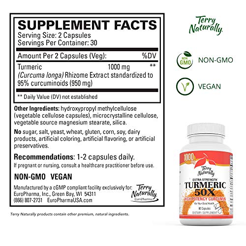 Terry Naturally Turmeric 50X - 60 Capsules - Extra Strength Curcumin - Up to 50x Stronger Than Plain Turmeric - Immune Support - Liver, Brain & Heart Health - Non-GMO - 30 Servings