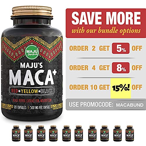 Strong Organic Maca Capsules, Black, Yellow & Red Root w/ Black Pepper Extract for Absorption, Roots Grown in Peru, Peruvian Powder, Men & Women Supplement, 60,000 mg