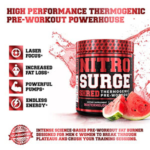 NITROSURGE Shred Pre Workout Supplement - Energy Booster, Instant Strength Gains, Sharp Focus, Powerful Pumps - Nitric Oxide Booster & PreWorkout Powder - 30Sv, Watermelon