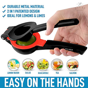 Zulay Metal 2-In-1 Lemon Lime Squeezer - Hand Juicer Lemon Squeezer - Max Extraction Manual Citrus Juicer (Midnight Black and Red)