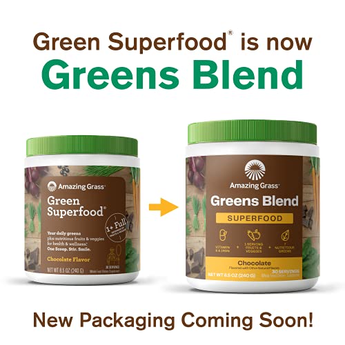 Amazing Grass Greens Blend Superfood: Super Greens Powder with Spirulina, Beet Root Powder, Chlorella, Digestive Enzymes, Prebiotics & Probiotics, Chocolate, 100 Servings (Packaging May Vary)