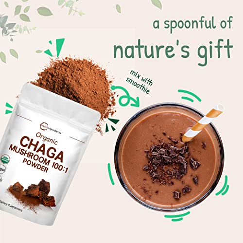 Sustainably Maine Grown, Wild Harvest Organic Chaga Mushroom Extract 100:1 Powder, Chaga Tea, 6 Ounce, for Immune System and Energy, Superfood for Beverage and Smoothie, Vegan Friendly