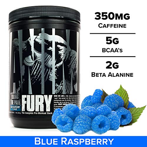 Animal Fury - Pre Workout Powder Supplement for Energy and Focus - 5g BCAA, 350mg Caffeine, Nitric Oxide, Without Creatine - Powerful Stimulant for Bodybuilders - Blue Raspberry - 30 Servings